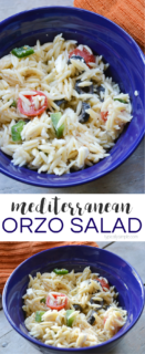 This Mediterranean orzo salad includes feta cheese and fresh, crisp veggies. It pairs well with so many main dishes and is especially yummy when served at a summer BBQ!
