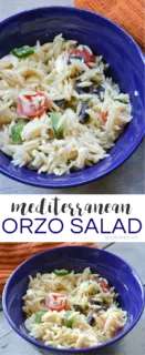 This Mediterranean orzo salad includes feta cheese and fresh, crisp veggies. It pairs well with so many main dishes and is especially yummy when served at a summer BBQ!