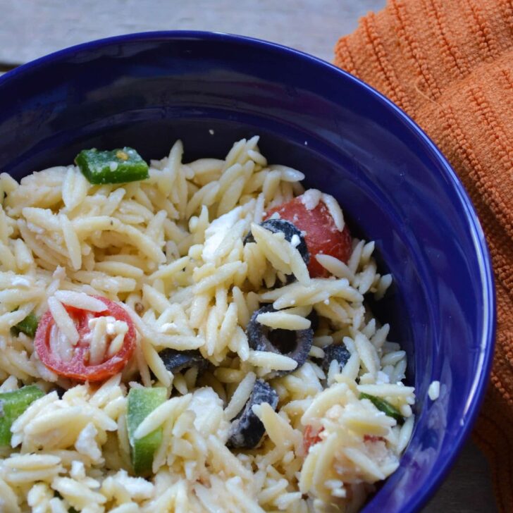 This simple orzo salad is a perfect side dish to compliment any meal!