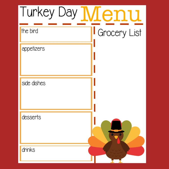 A cute printable to help you plan your Thanksgiving Day Menu, including an area to jot down a grocery list. Two versions of this free printable are available!