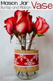 Simple to make craft project using mason jars, burlap, and ribbon. These vases are perfect for Christmas centerpieces!