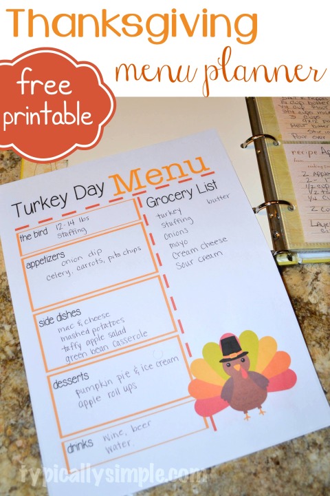 A cute printable to help you plan your Thanksgiving Day Menu, including an area to jot down a grocery list. Two versions of this free printable are available!