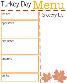 A cute printable to help you plan your Thanksgiving Day Menu, including an area to jot down a grocery list. Two versions of this free printable are available!