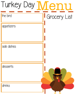 A cute printable to help you plan your Thanksgiving Day Menu, including an area to jot down a grocery list. Two versions of this free printable are available!