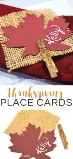 With a little bit of glitter and some burlap, these easy to make place cards are a perfect way to dress up the table for Thanksgiving!
