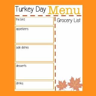 A cute printable to help you plan your Thanksgiving Day Menu, including an area to jot down a grocery list. Two versions of this free printable are available!