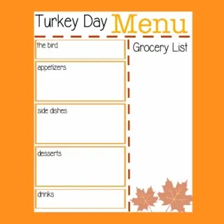 A cute printable to help you plan your Thanksgiving Day Menu, including an area to jot down a grocery list. Two versions of this free printable are available!