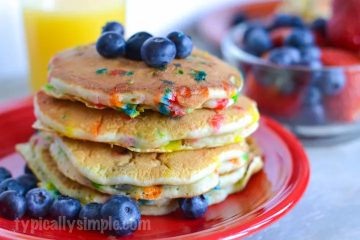 An easy to make blueberry pancake recipe, complete with sprinkles! A great way to make breakfast fun!