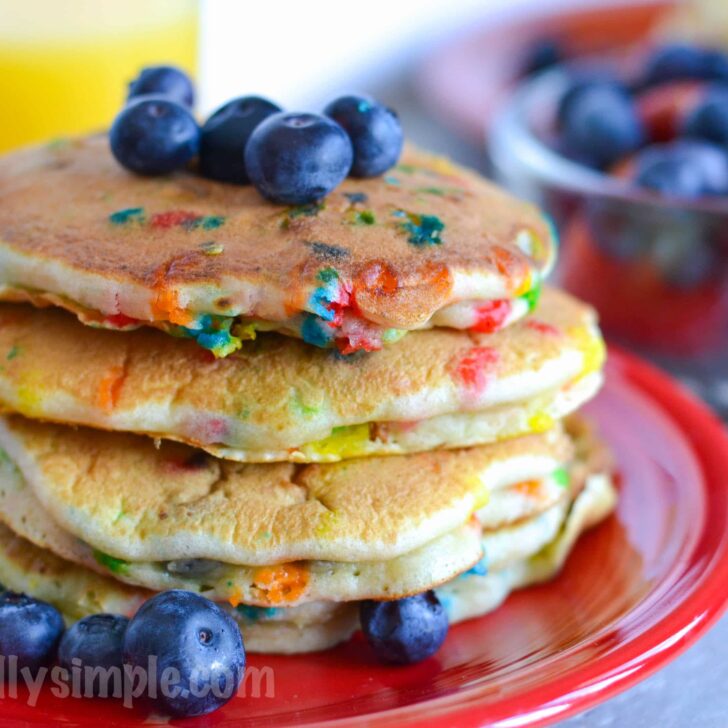 An easy to make blueberry pancake recipe, complete with sprinkles! A great way to make breakfast fun!