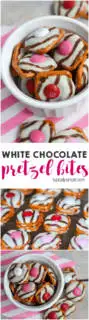 These easy to make white chocolate pretzel bites are a yummy sweet and salty treat! Package a few up in a small cellophane bag and tie with a ribbon to make a cute, little Valentine's Day gift!