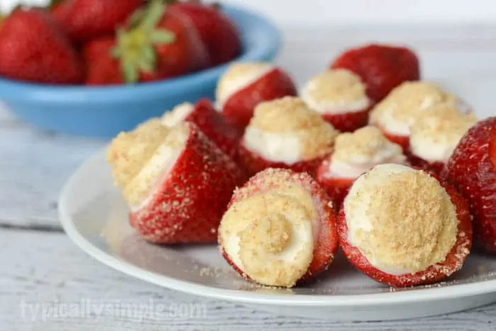 These no bake strawberry cheesecake bites are so simple, but so delicious and make a great finger food dessert for parties or when you have the taste for a sweet treat!