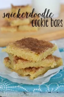 Snickerdoodle cookie bars are simple to make and so delicious that you won't be able to eat just one! Serve with a glass of ice cold milk for a sweet after dinner treat!
