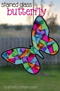 A fun kids' craft to make a butterfly that looks like it's made from stained glass using tissue paper and black construction paper.