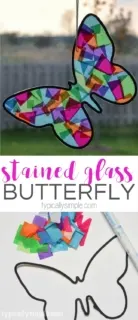 A fun spring craft to make with the kids! Using tissue paper and black construction paper, this butterfly looks like it's made from stained glass.