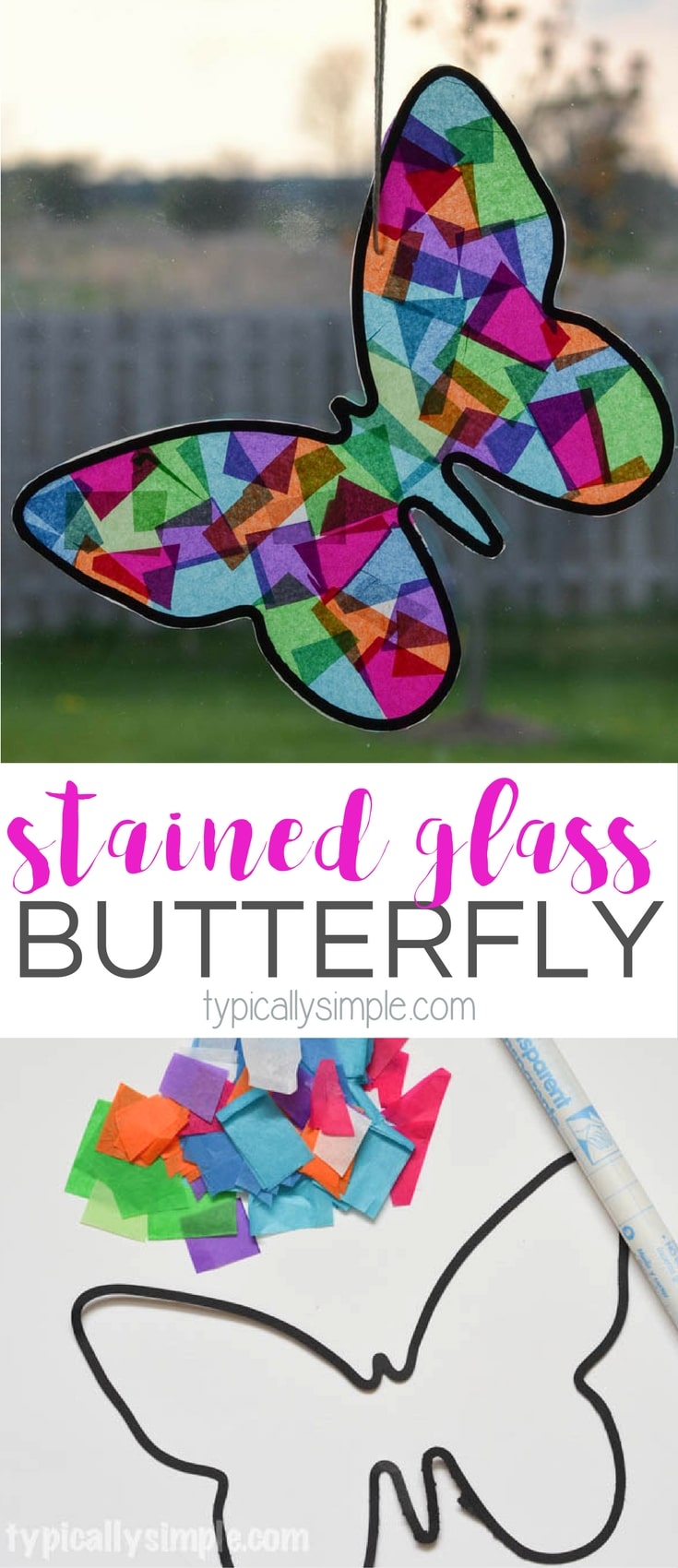A fun spring craft to make with the kids! Using tissue paper and black construction paper, this butterfly looks like it's made from stained glass.