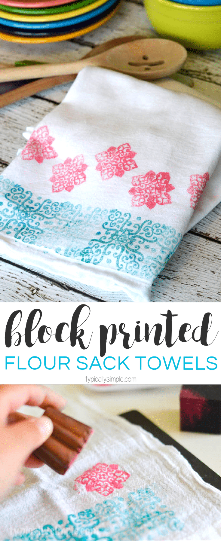 A quick and simple way to update plain flour sack towels with some bright, fun prints using fabric ink and block printing stamps! {AD}