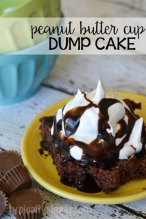 This peanut butter cup dump cake requires only four ingredients which makes it perfect for a last minute dessert!