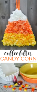 Using dyed coffee filters, this candy corn project makes a fun door hanging for Halloween!