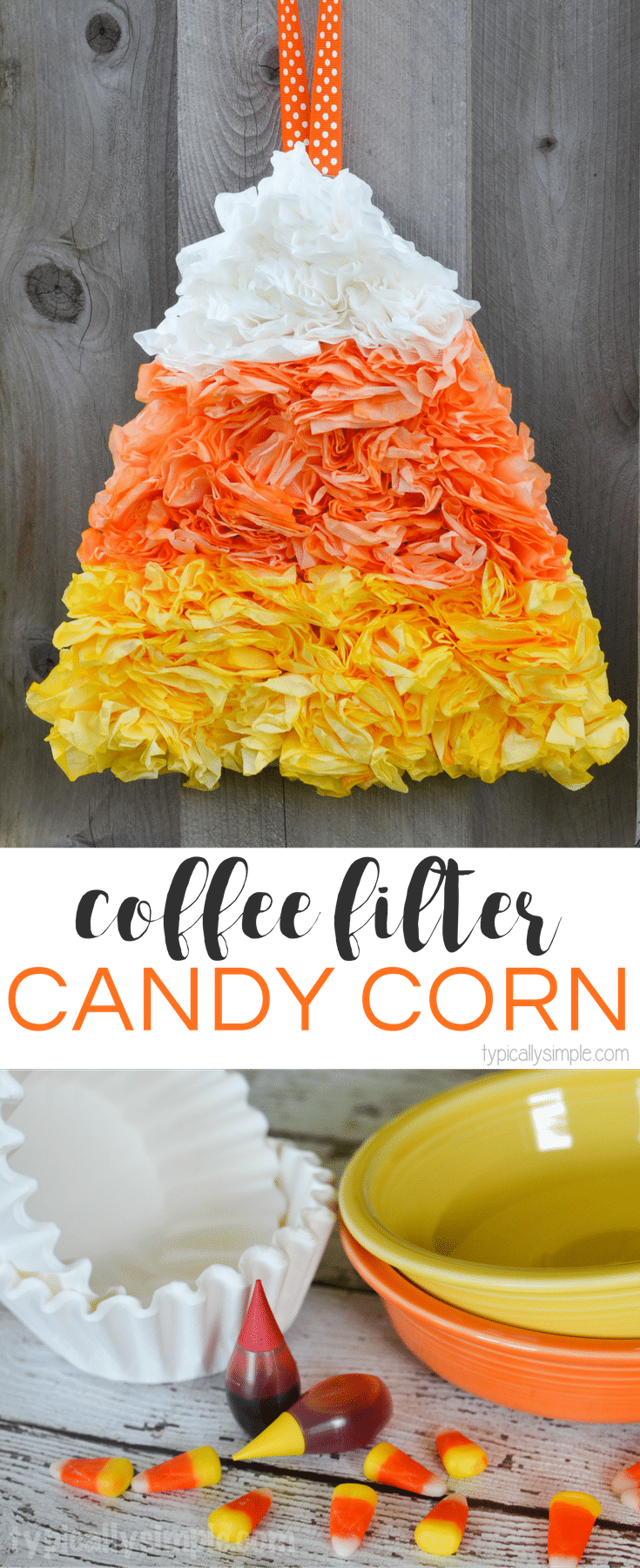 Using dyed coffee filters, this candy corn project makes a fun door hanging for Halloween!