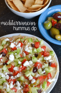 This Mediterranean Hummus Dip can be served any time of the year. It includes lots of fresh veggies and can be served with a variety of "dipping utensils" although my favorite is using pita chips to scoop up this yummy dip.