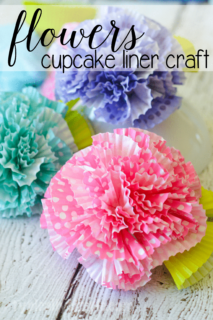 A fun little craft using cupcake liners, these flowers would make a great centerpiece for a spring brunch or to use as cute decor for a kids' room or craft room!