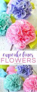 A fun little craft using cupcake liners, these flowers would make a great centerpiece for a spring brunch or to use as cute decor for a kids' room or craft room!