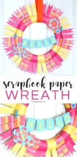 This scrapbook paper wreath is perfect for a Mom's Night Out - Pinterest Party craft project! With just a few supplies, make a fun wreath to hang in your home!