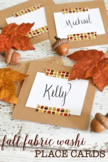 With a few basic supplies, including fabric washi tape, these place cards are simple to make & perfect for a fall get-together or even Thanksgiving dinner.