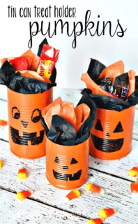 With just a few basic supplies, create these tin can pumpkins to use as cute treat holders for Halloween!