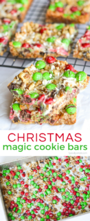 These Christmas Magic Cookie Bars are SO simple to make! They are a perfect treat to make with the kiddos for parties or to package up as a yummy gift.