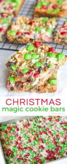 These Christmas Magic Cookie Bars are SO simple to make! They are a perfect treat to make with the kiddos for parties or to package up as a yummy gift.