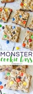 These Monster Cookie Bars are just as delicious as their cookie cousins - packed full of yummy chocolate chips and M&M's and just the right amount of soft and chewy texture!