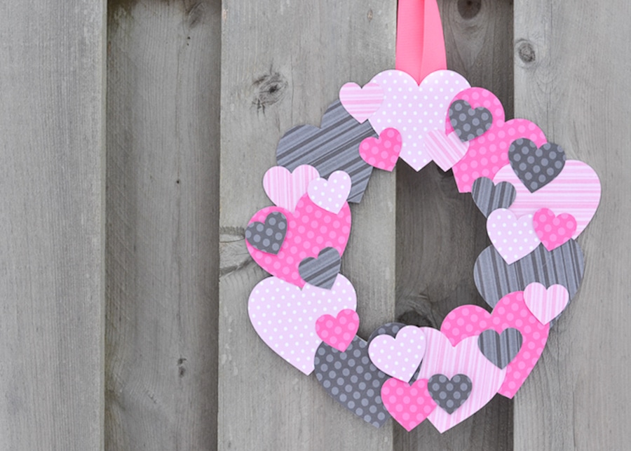 Grab a few basic supplies from your craft stash to make this cute scrapbook paper heart wreath for Valentine's Day!