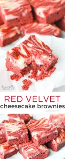 Red velvet brownies topped with a cheesecake swirl, this decadent treat is perfect to serve as a yummy Valentine's Day dessert!