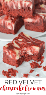 Red velvet brownies topped with a cheesecake swirl, this decadent treat is perfect to serve as a yummy Valentine's Day dessert!
