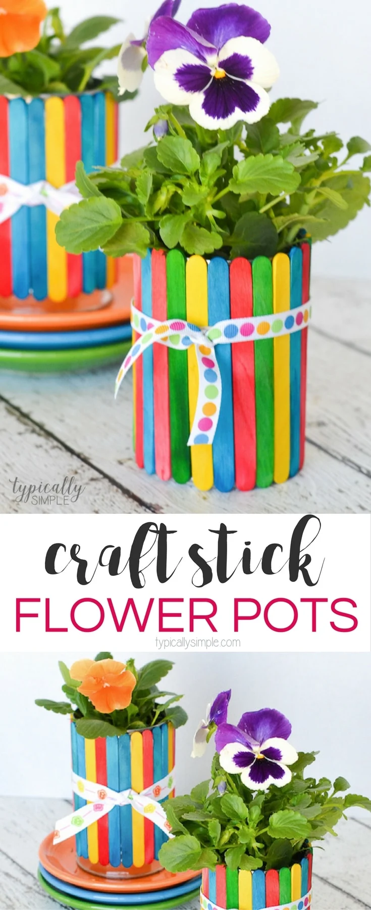 A colorful craft project to make with the kids, these craft stick flower pots are glue-free! A perfect handmade gift to give for Mother's Day or Teacher Appreciation.
