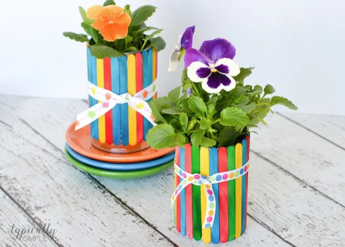 A colorful craft project to make with the kids, these craft stick flower pots are glue-free! A perfect handmade gift to give for Mother's Day or Teacher Appreciation.