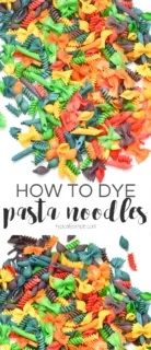 Colorful pasta noodles are great to use for crafts, sensory bins, and sorting activities. This simple tutorial will show you how to dye pasta in batches in a rainbow of colors!