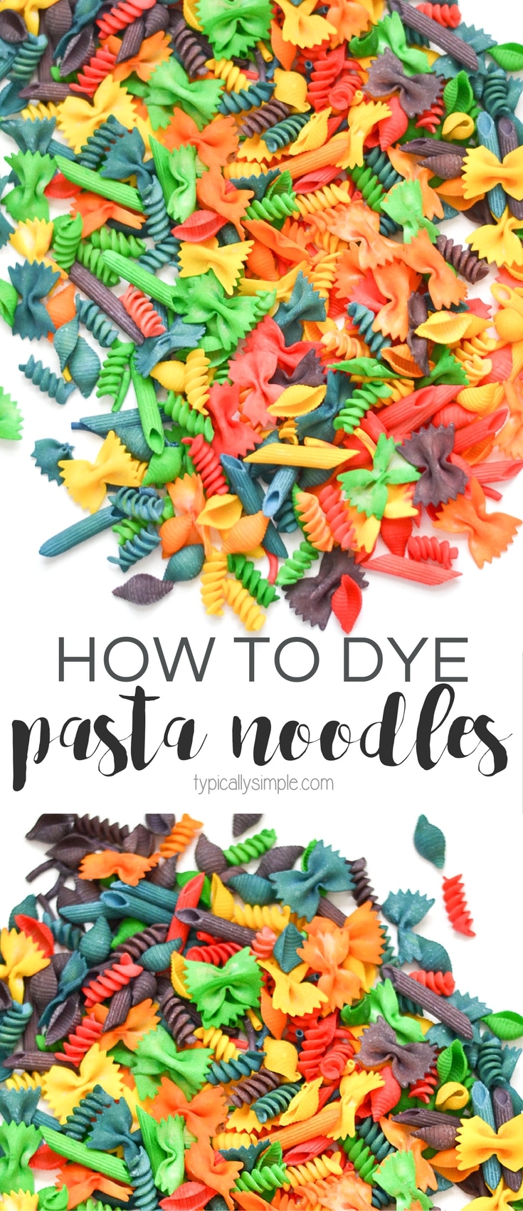 Colorful pasta noodles are great to use for crafts, sensory bins, and sorting activities. This simple tutorial will show you how to dye pasta in batches in a rainbow of colors!