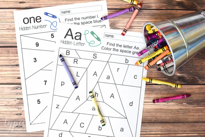 Free printables to practice letter and number recognition. Grab a few crayons and start coloring to find the Hidden Letter A and Hidden Number 1. Perfect for preschool or early elementary as a way to practice letter and number identification and fine motor skills.