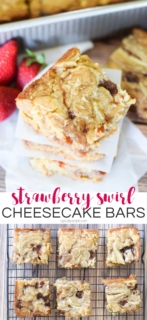 These strawberry swirl cheesecake blondie bars are a decadent treat that is quite easy to make. With some basic baking ingredients and a few minutes of prep they will quickly become your new go-to dessert to make for parties!