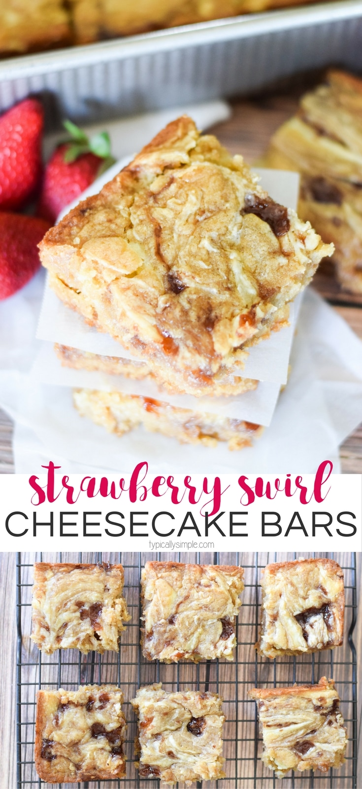 These strawberry swirl cheesecake blondie bars are a decadent treat and quite easy to make. With some basic baking ingredients and a few minutes of prep, this will quickly become your new go-to dessert to make for parties!