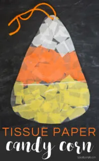 This tissue paper candy corn craft is such a fun craft to make with the kids for Halloween! Hang it in a window for a not-so-spooky sun catcher! 