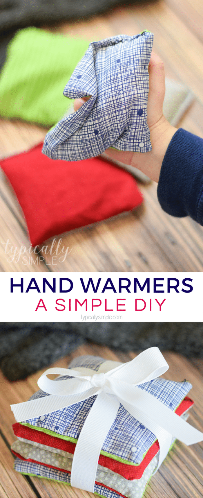 These DIY rice hand warmers are a great way to use up some fabric scraps! Plus it’s the perfect beginner’s sewing project for kids or adults! #sewingprojects #handmadegifts